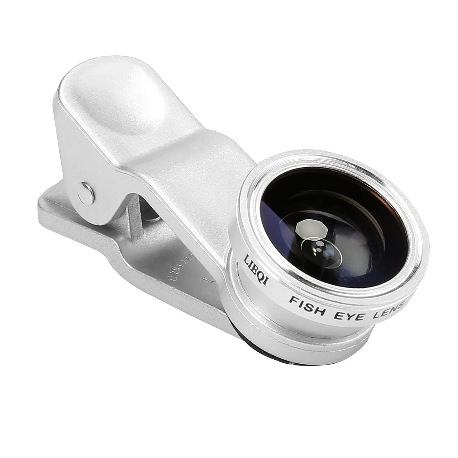 Mobile phone with a mini clip-on camera lens attached, alongside macro, fisheye, and wide-angle lenses in a case.