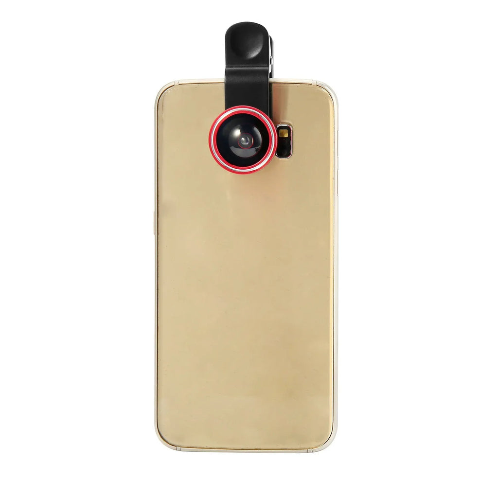 Mobile phone with a mini clip-on camera lens attached, alongside macro, fisheye, and wide-angle lenses in a case.