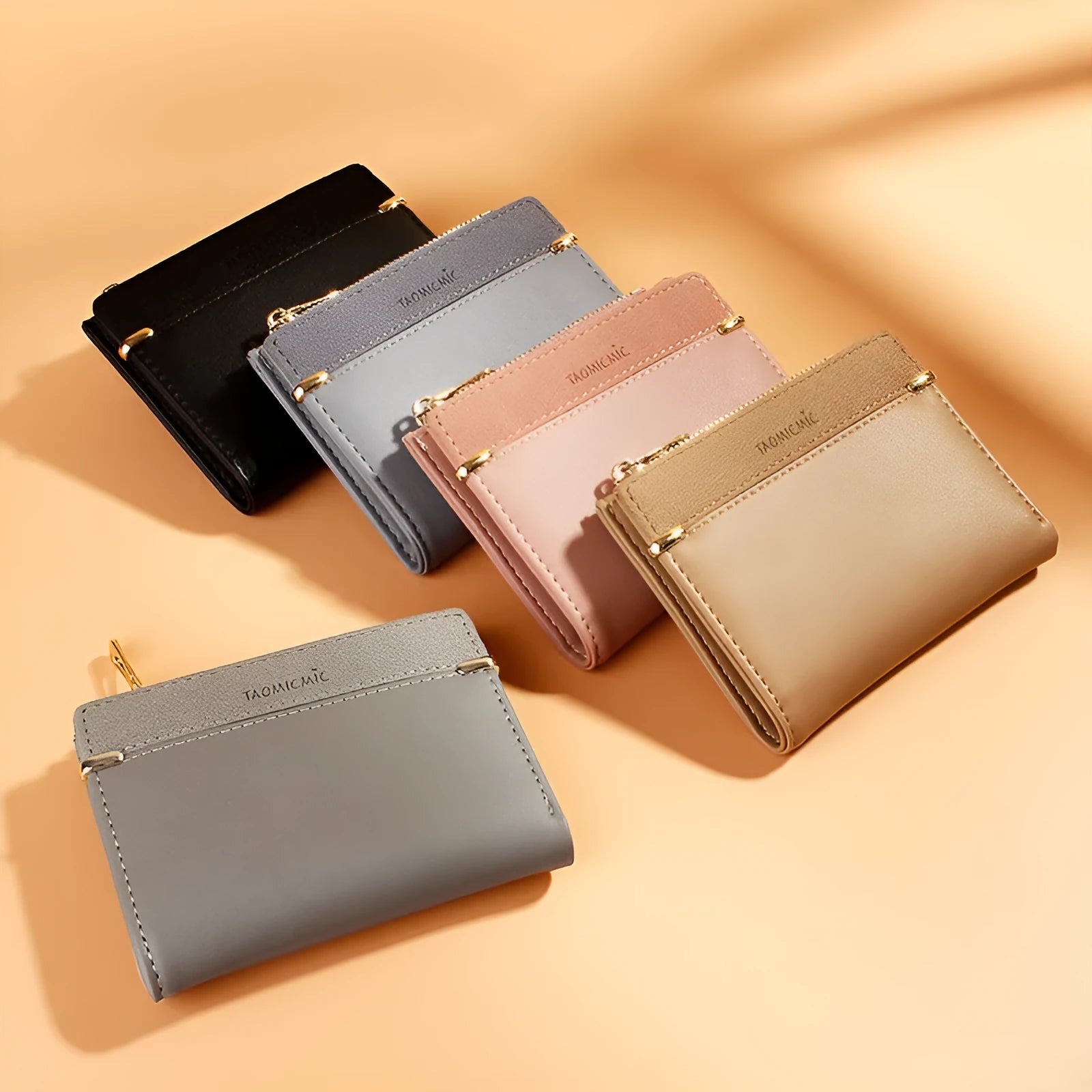 Ladies short zipper wallet in PU leather, open to show multiple card slots, bill holder, change slot, and hidden compartment.