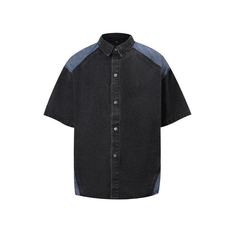 Retro denim suit set showing washed finish short-sleeve jacket and matching trousers