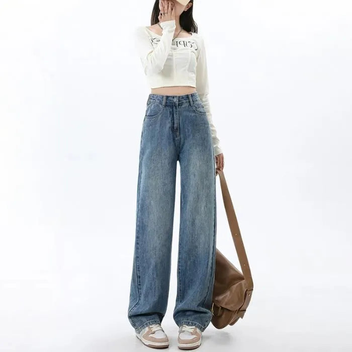 Women's retro blue wide leg jeans with high waist and straight cut on hanger