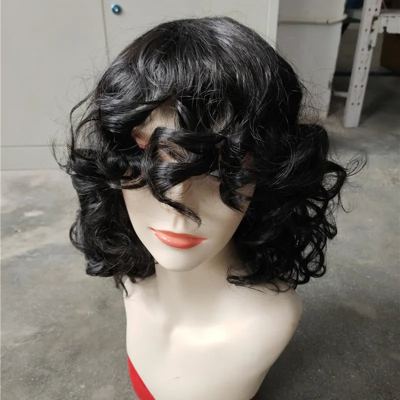 Black synthetic Afro wig with curly texture and heat-stylable high-temperature fibre construction