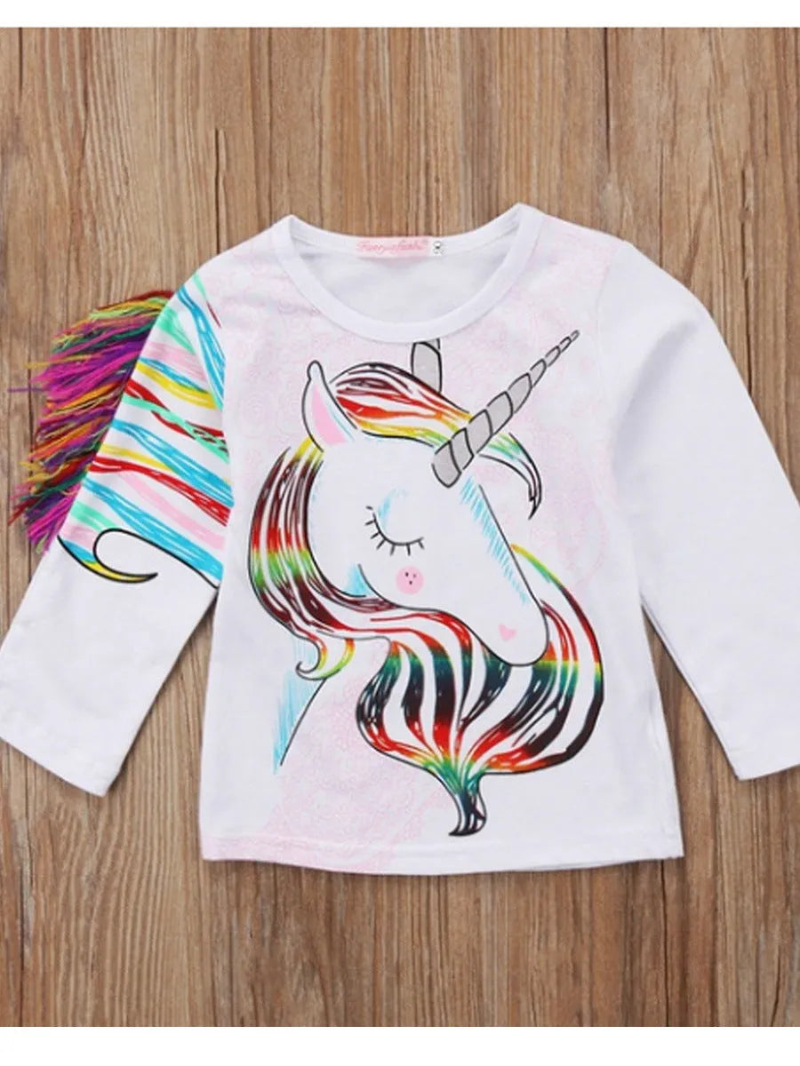 White children's T-shirt with stereo horse hair print, long sleeve round neck cotton top