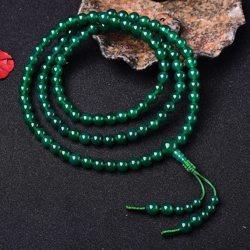 Natural green agate Buddhist bracelet with Thangka pendant and 108 beads for meditation