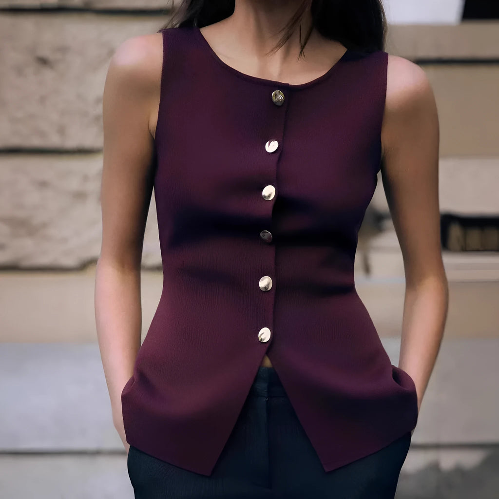 Dark red slim-fit men's sweater vest with gold buttons and a 3D textured pattern.