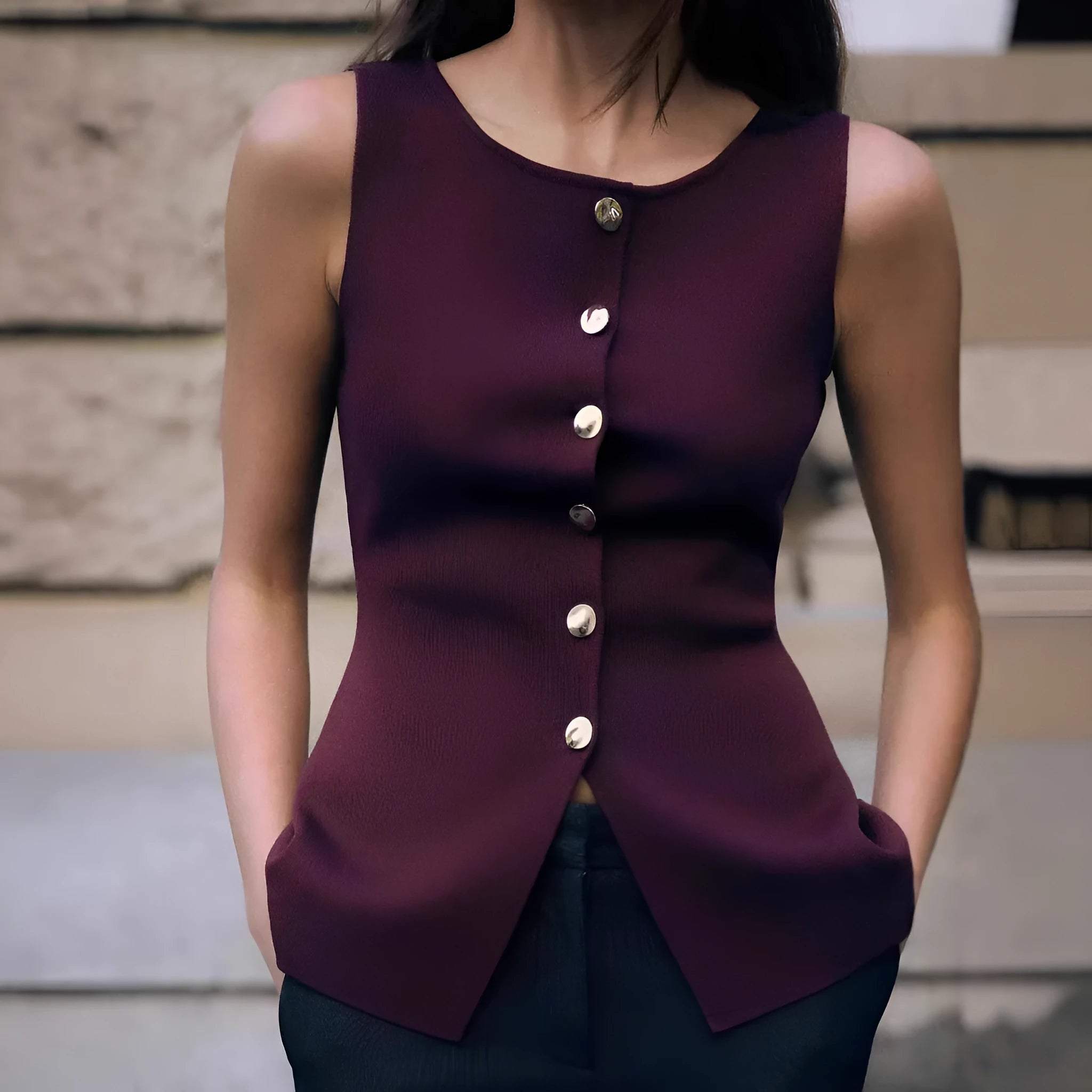 Dark red slim-fit men's sweater vest with gold buttons and a 3D textured pattern.