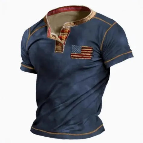 Men's blue polyester short sleeve sports shirt with a button lapel, laid flat.