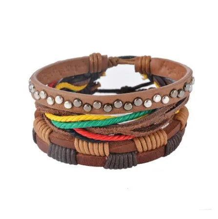 Handmade leather wrap bracelet with wooden beads and adjustable closure for men and women