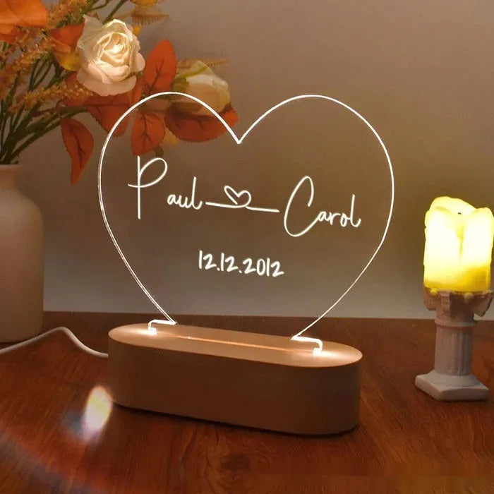 Transparent acrylic custom night light measuring 20cm by 11.5cm with personalised text