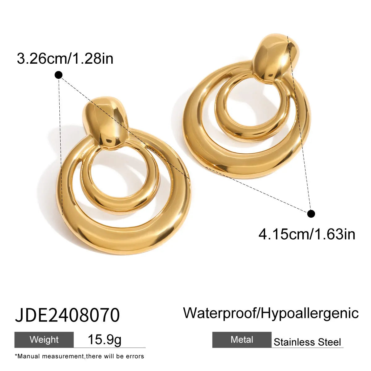 Golden round double layer hollow stud earrings with geometric design on white background