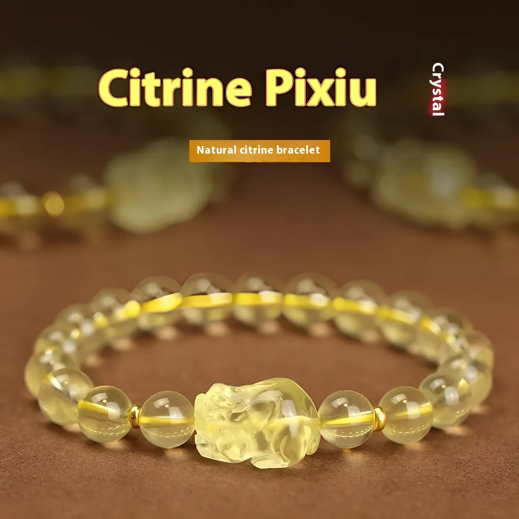Yellow leather strap Citrine Pi Xiu bracelet with round artificial crystal beads in national folk style.