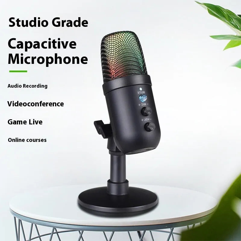 Black USB microphone with RGB lighting for computer and mobile phone recording