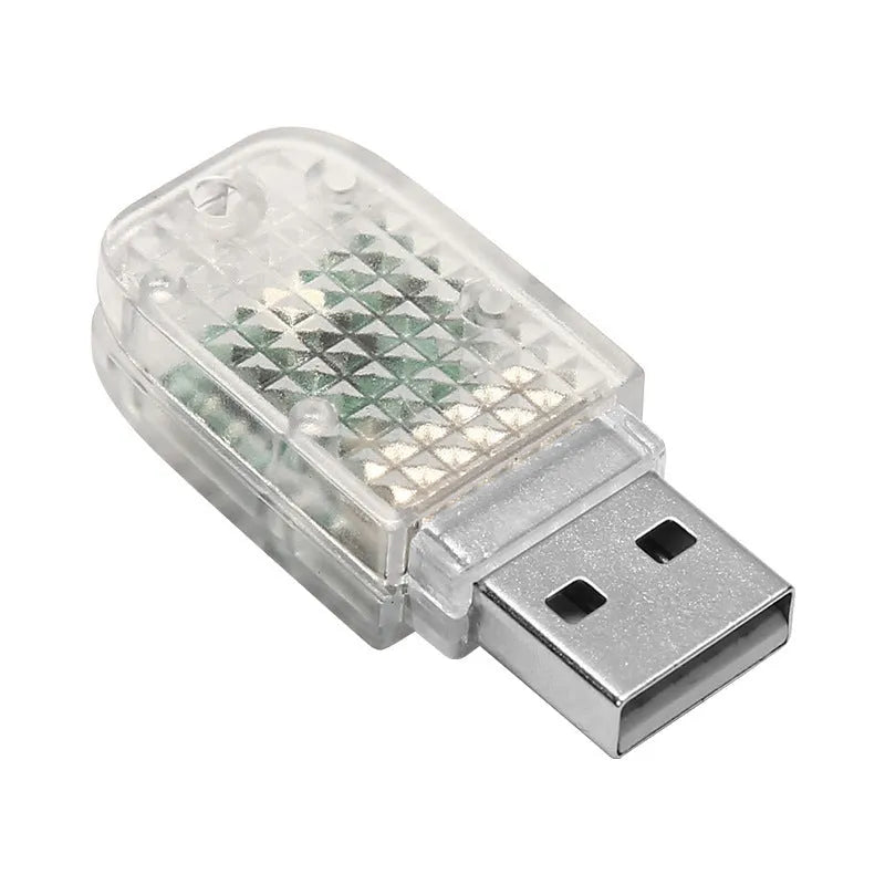 Car USB atmosphere light with multi-colour changing modes including blue, white, pink and RGB options