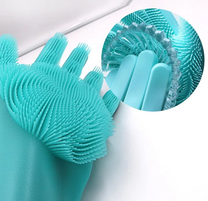 Blue silicone scrubbing gloves showing textured palm and finger surfaces for cleaning