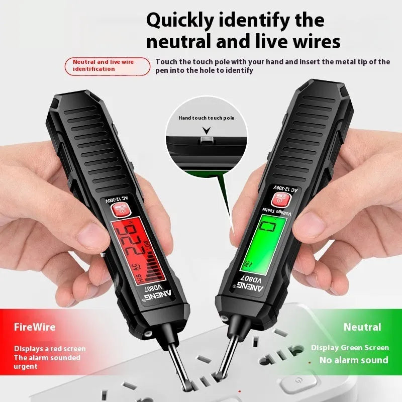 Black digital voltage measuring pen with LCD display showing voltage reading