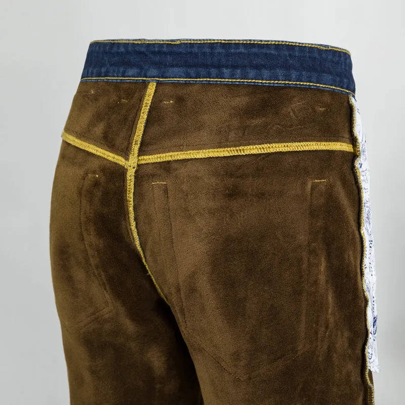 Men's cotton velvet lined straight leg jeans winter warm trousers in black and blue, sizes 28-42