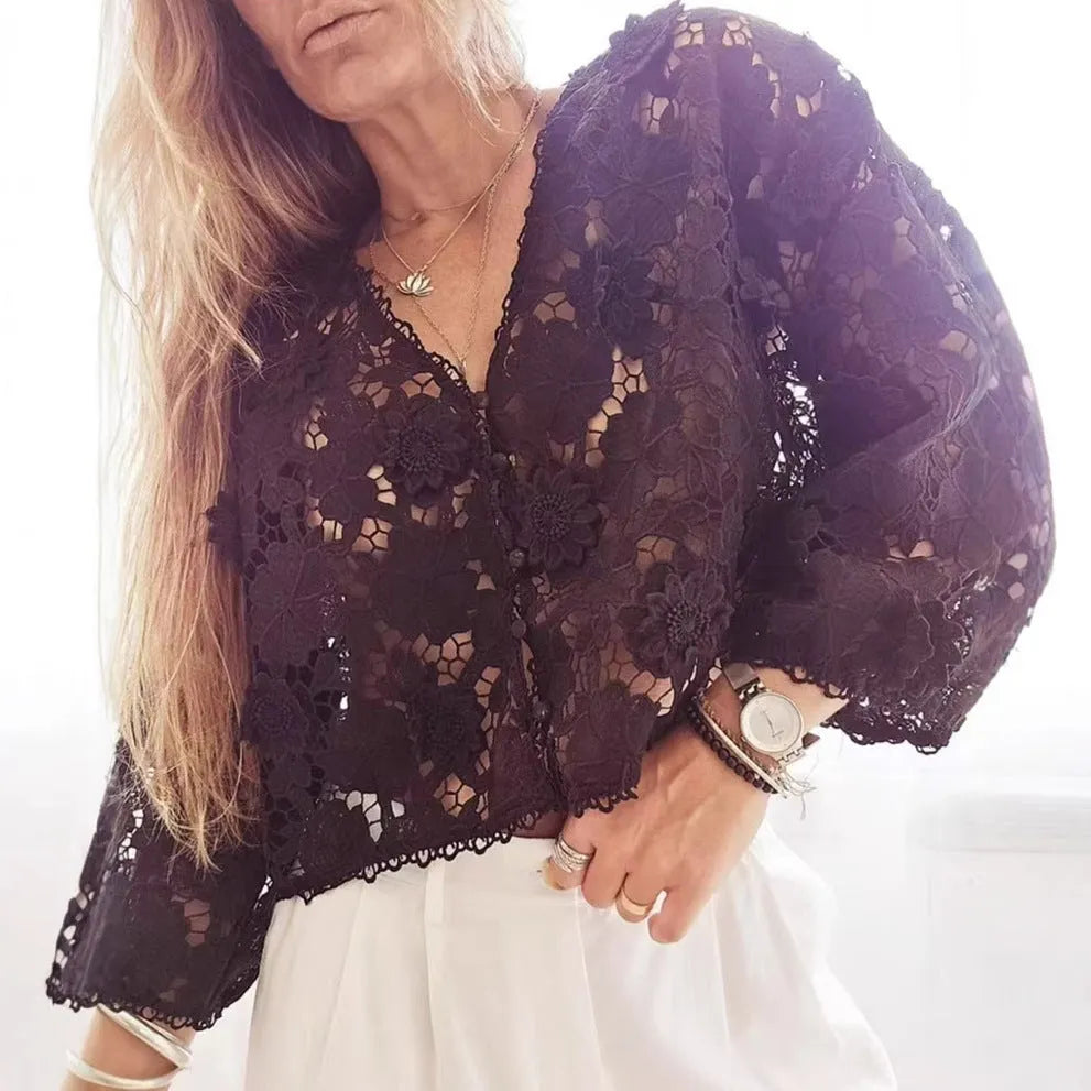 Women's white lace V-neck cardigan with three-dimensional floral decoration and long sleeves