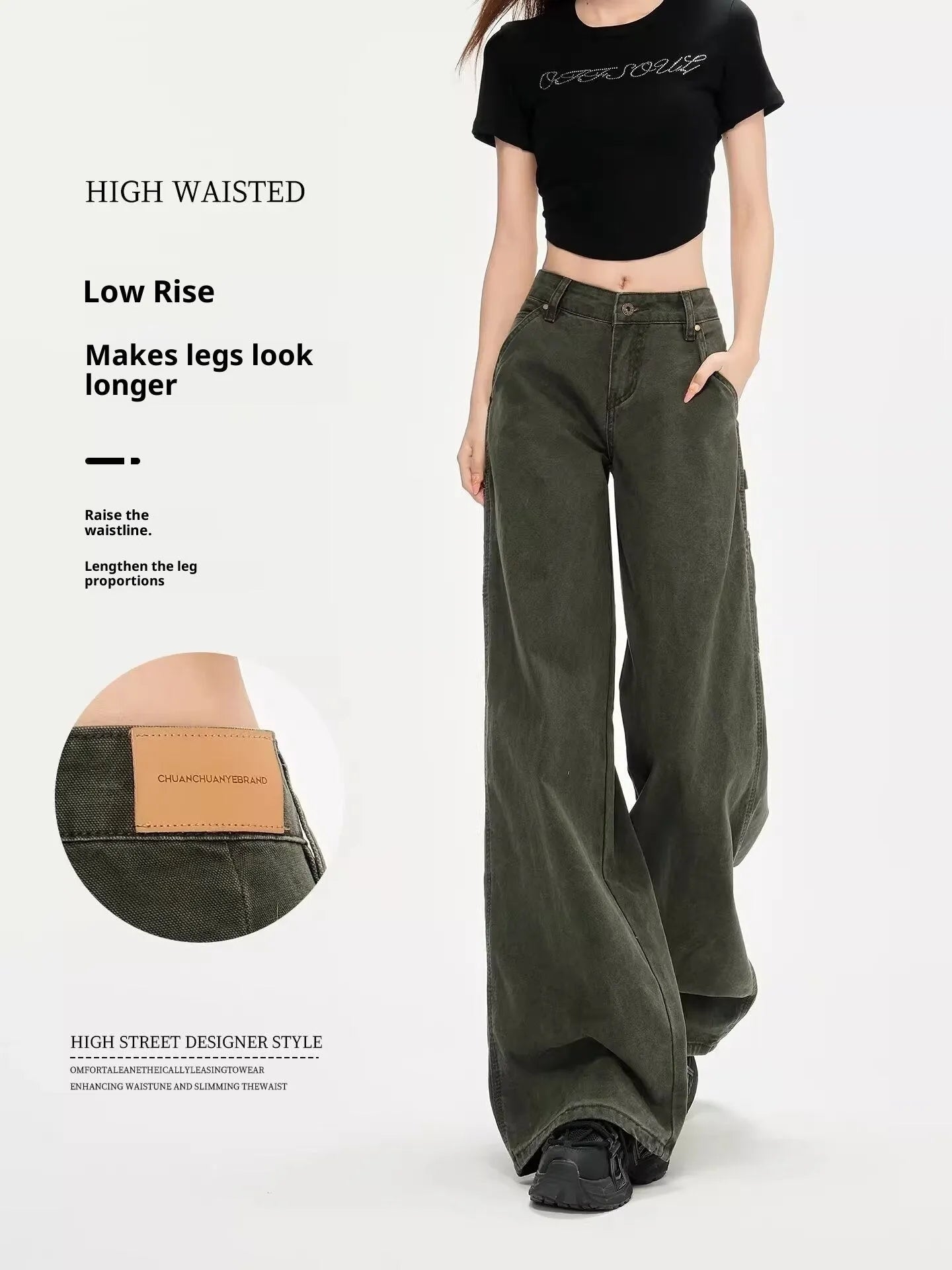 Women's army green loose straight-leg flared denim overalls with ultra-low-rise waist, casual summer style