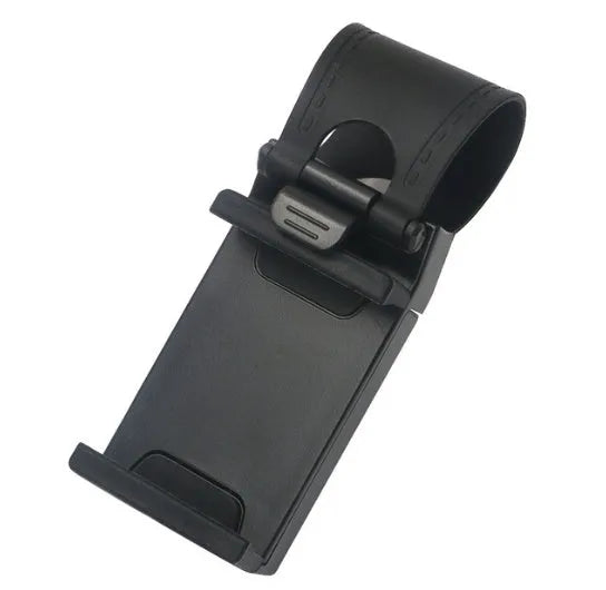 Black steering wheel clip mount holding smartphone for hands-free car use