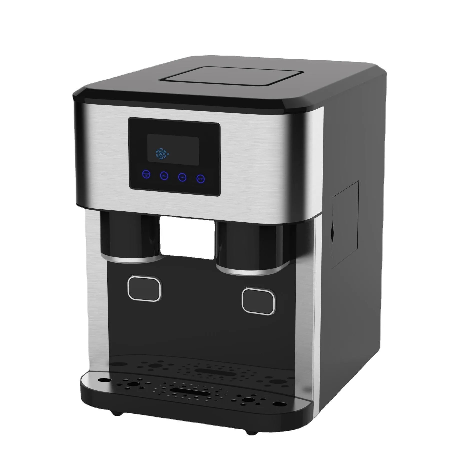 Black desktop ice maker with stainless steel ice box showing ice crushing and cold water functions