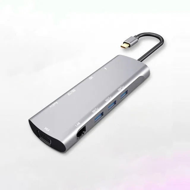 Grey USB-C docking station with aluminium alloy shell and multiple connectivity ports
