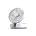 White portable electric fan with remote control showing folded design and night light function