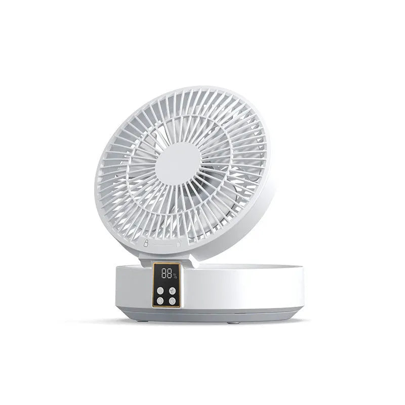 White portable electric fan with remote control showing folded design and night light function