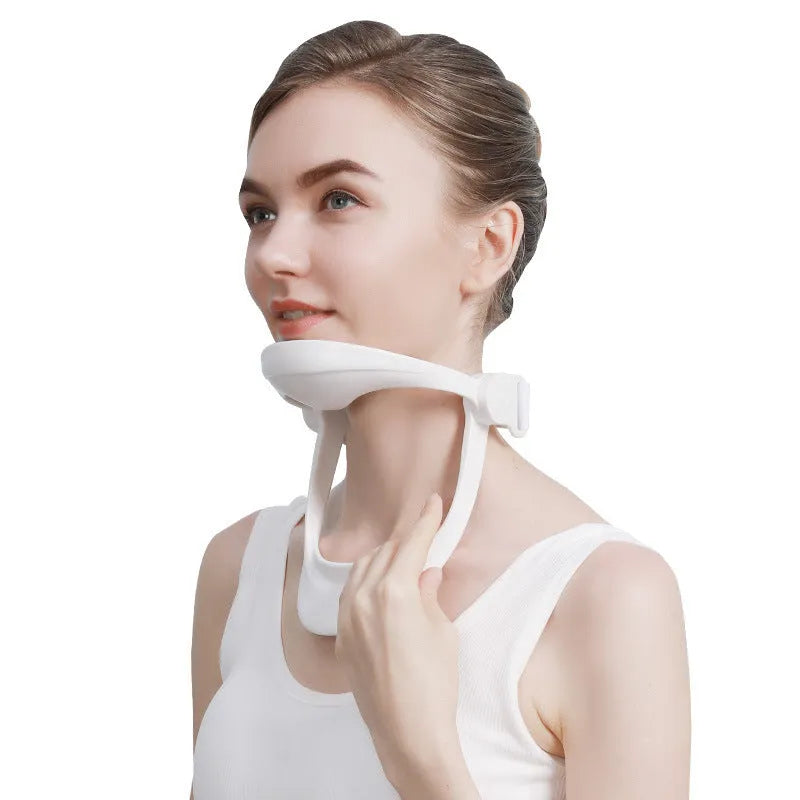 White PP plastic neck brace for cervical spine forward posture support and correction.