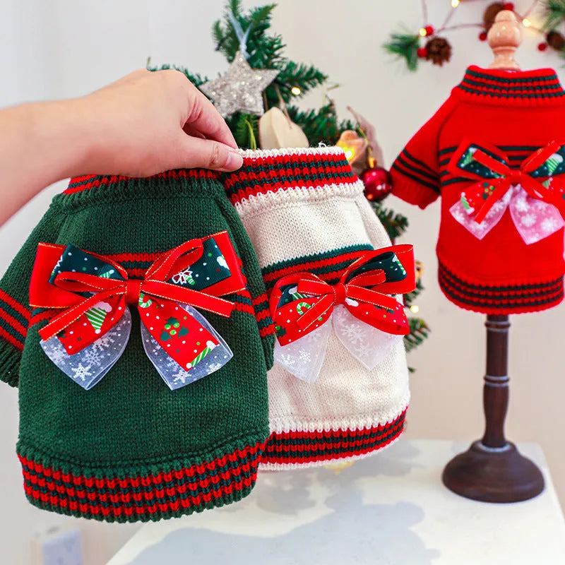 Red or green polyester knit Christmas sweater for small to medium dogs and cats on a festive background