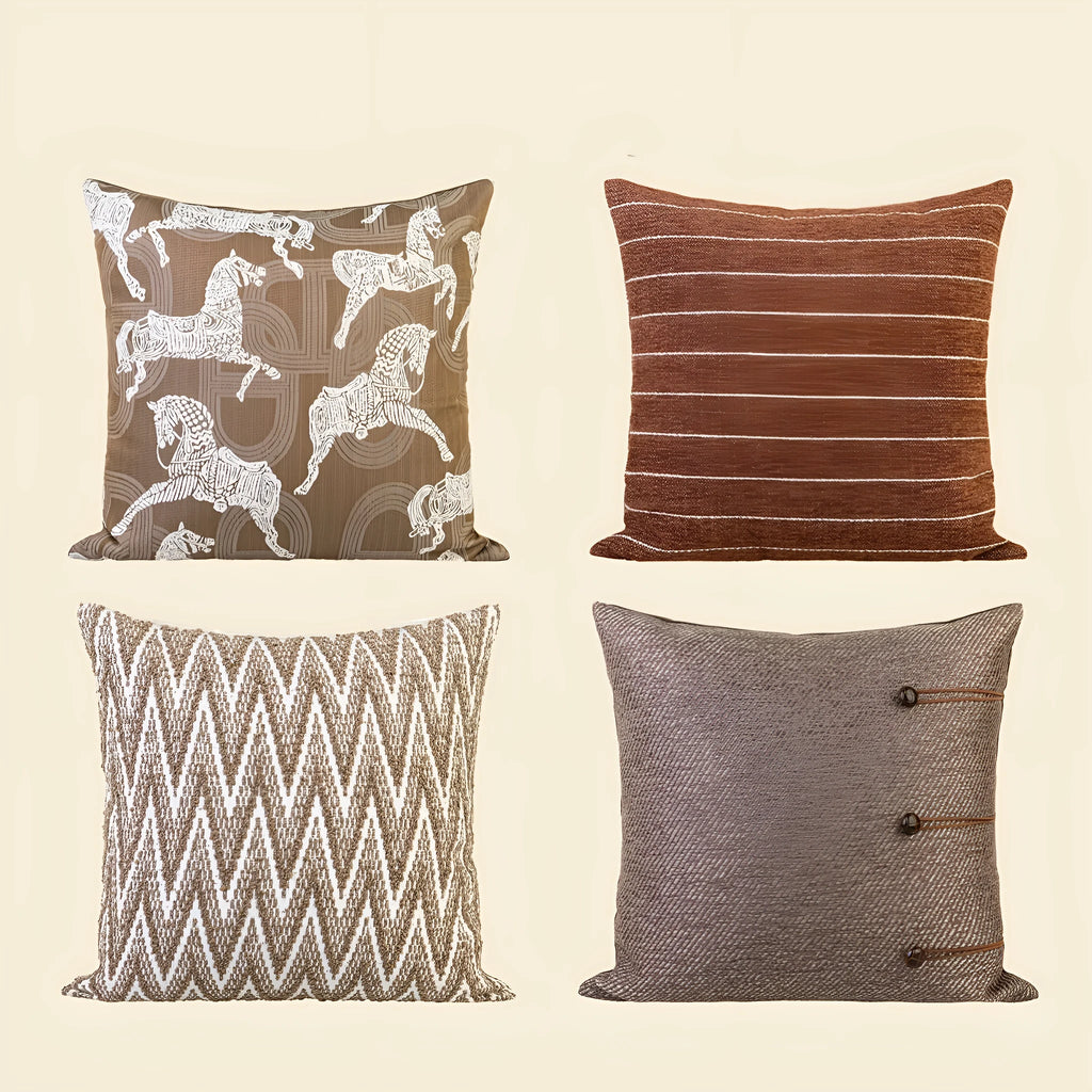 Chinese style square pillow cushion in Maillard colour on a sofa