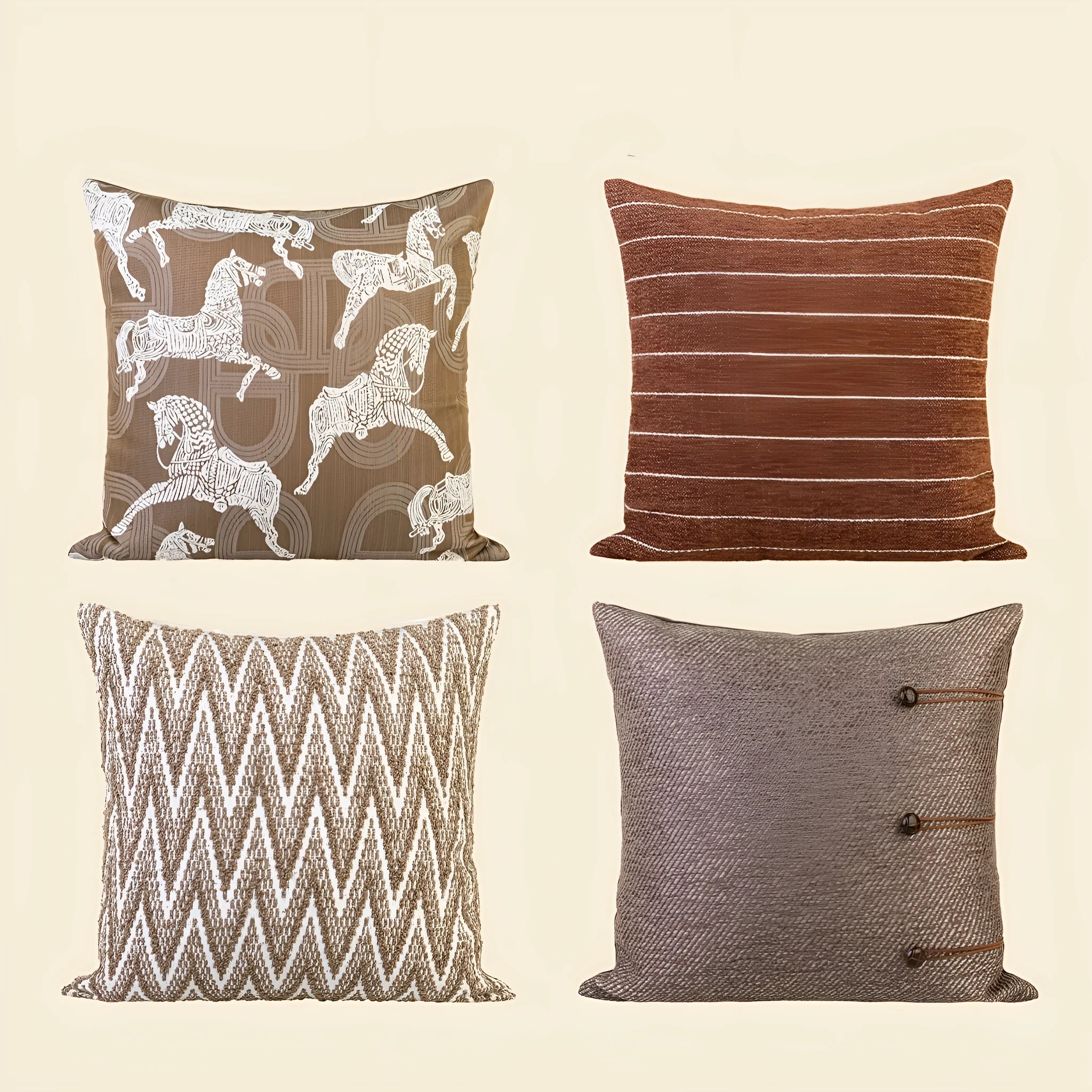 Chinese style square pillow cushion in Maillard colour on a sofa