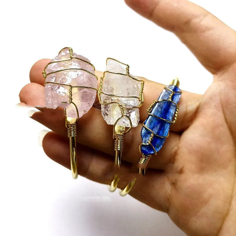 Unshaped natural crystal rough stone bracelet with gold winding geometric design and mixed colour stones