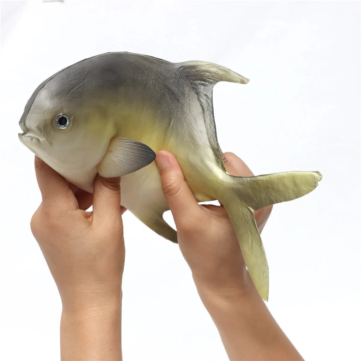 Set of three PU simulated fish model ornaments: yellow-fin tuna, flower fish, and yellow croaker.