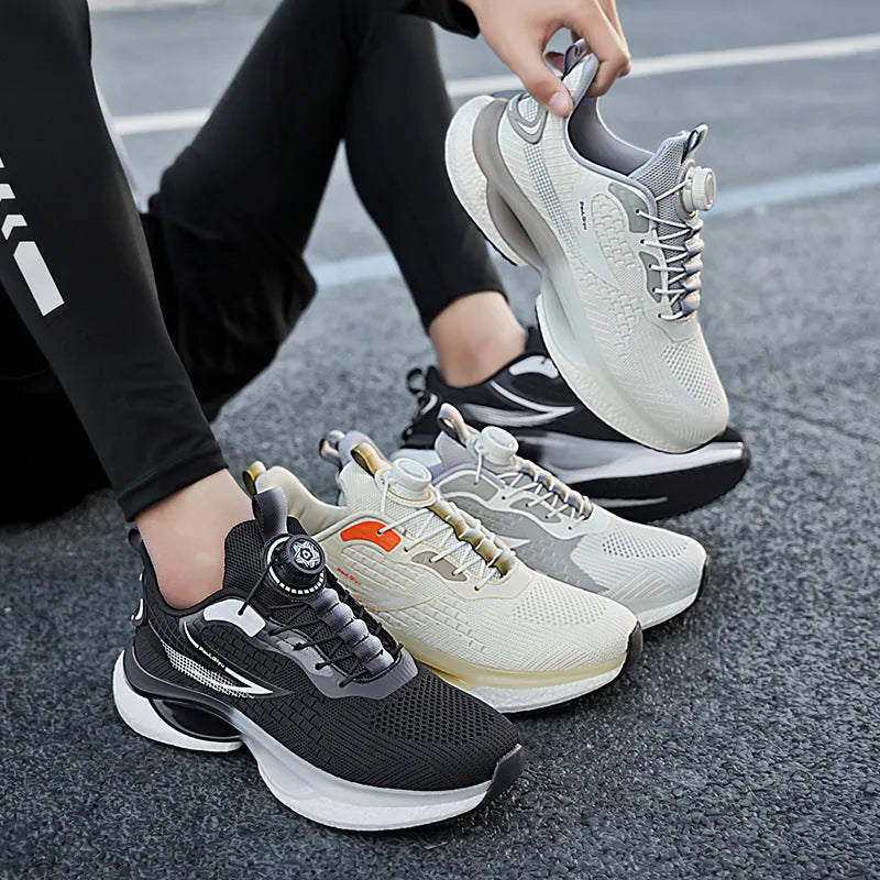 Rotating button buckle running shoes in solid colour with fly-knit mesh upper and TPU sole