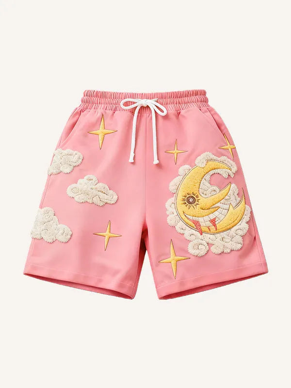 Retro plus size loose knee length sports shorts in pink, side view on model