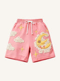 Retro plus size loose knee length sports shorts in pink, side view on model