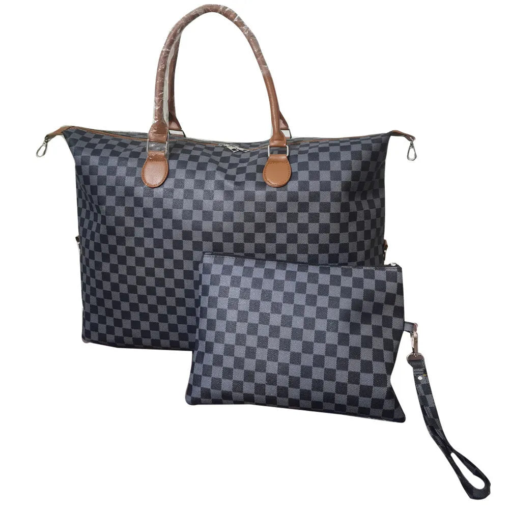 Women's fashion travel bag large capacity 22 inch PU leather plaid holdall in blue with small bag