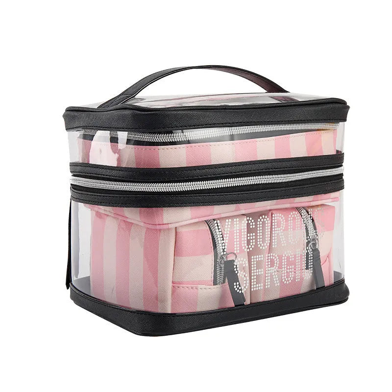 Pink bold stripes pattern professional makeup bag with floral elements and synthetic leather construction