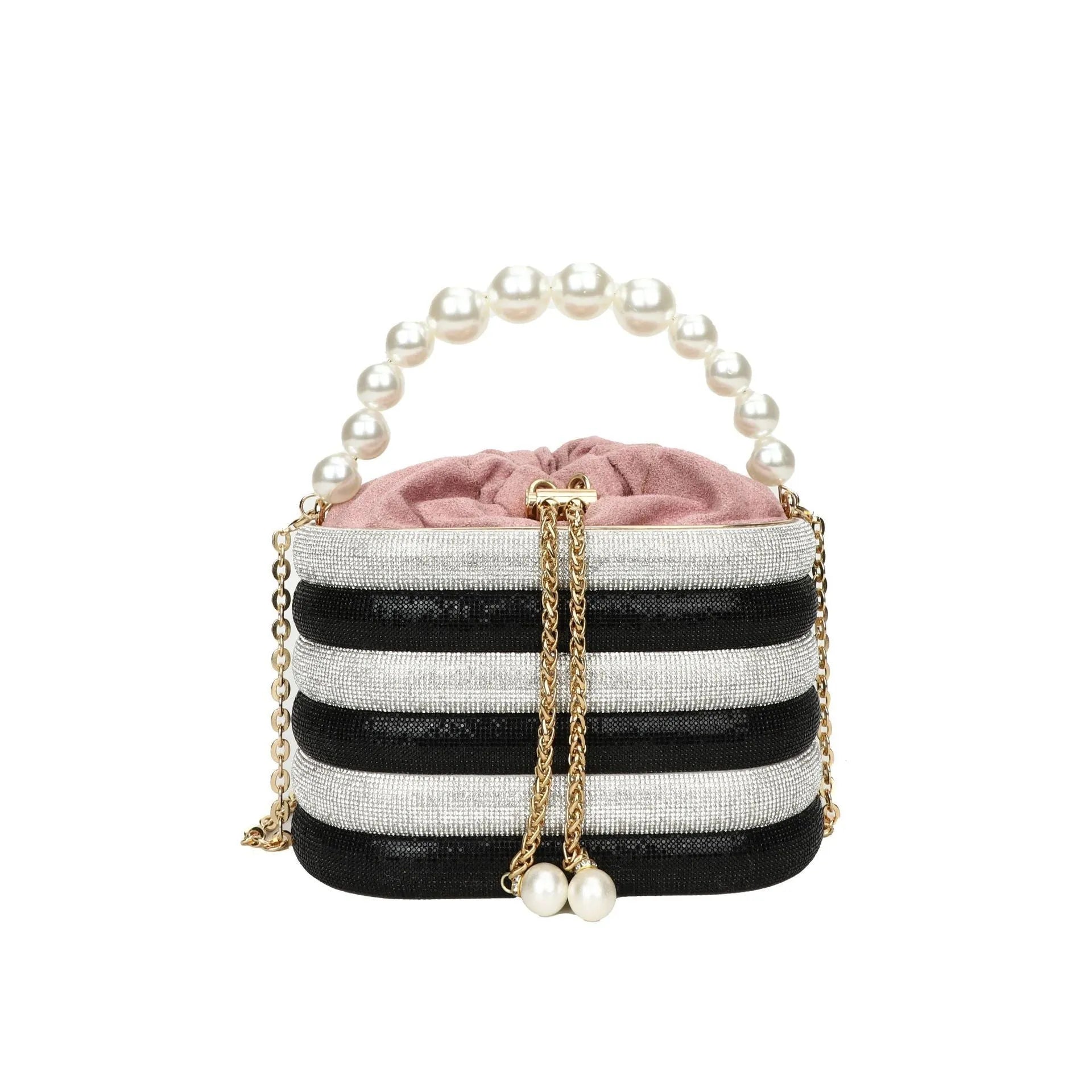 Women's retro style crossbody bag with pearl beads and rounded shape in soft PU material