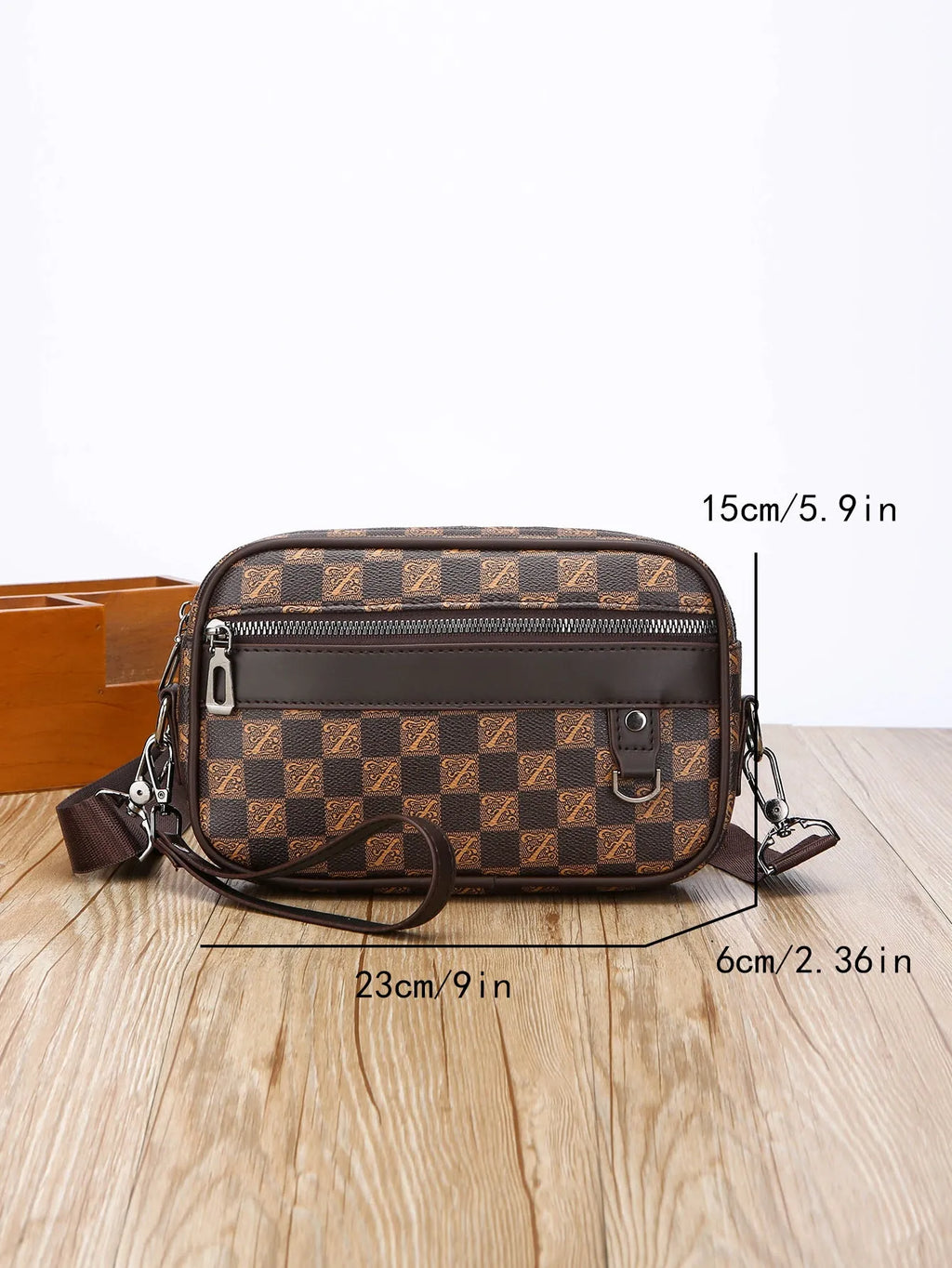 Men's geometric pattern messenger bag with shoulder strap and handheld option in black colour