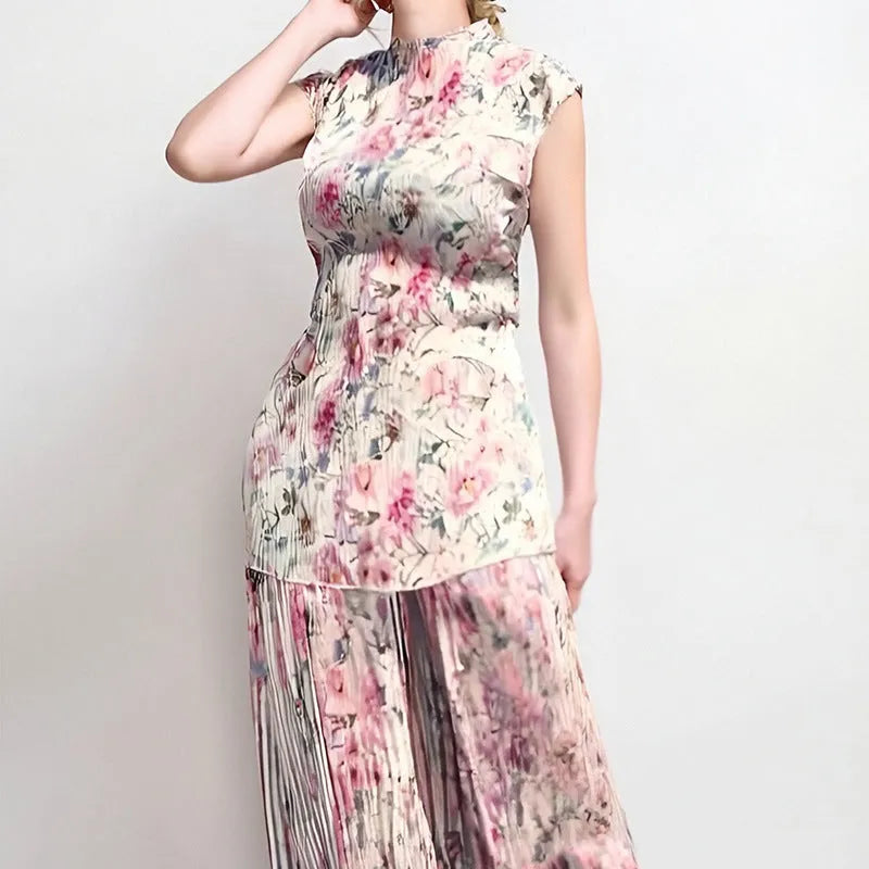 Women's long sleeve printed chiffon dress set with high-waist skirt and matching top