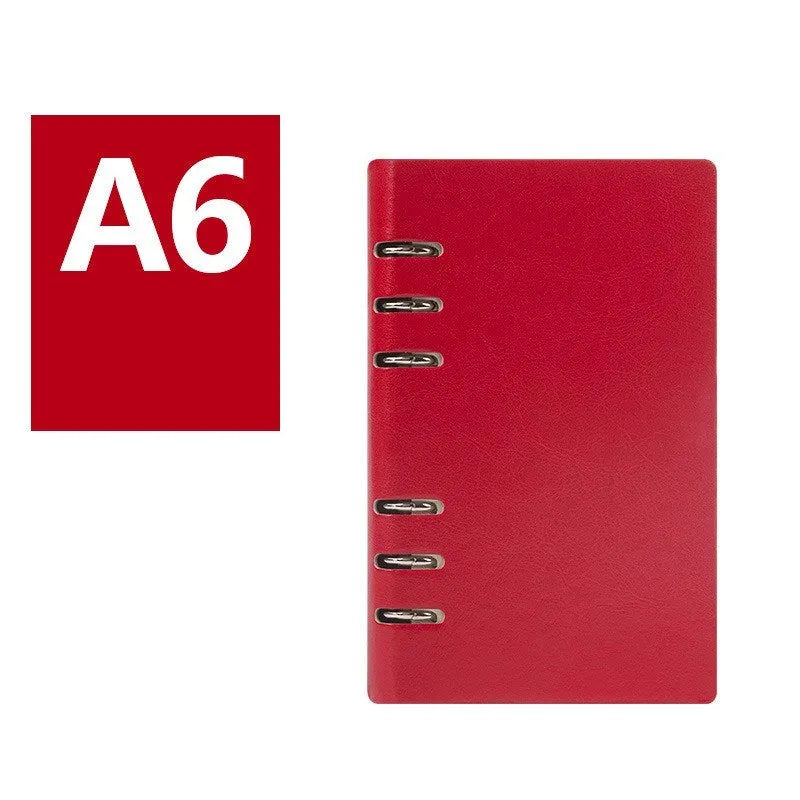Imitation leather loose-leaf notebook in red, shown open, with A5, A6, and B5 size options.