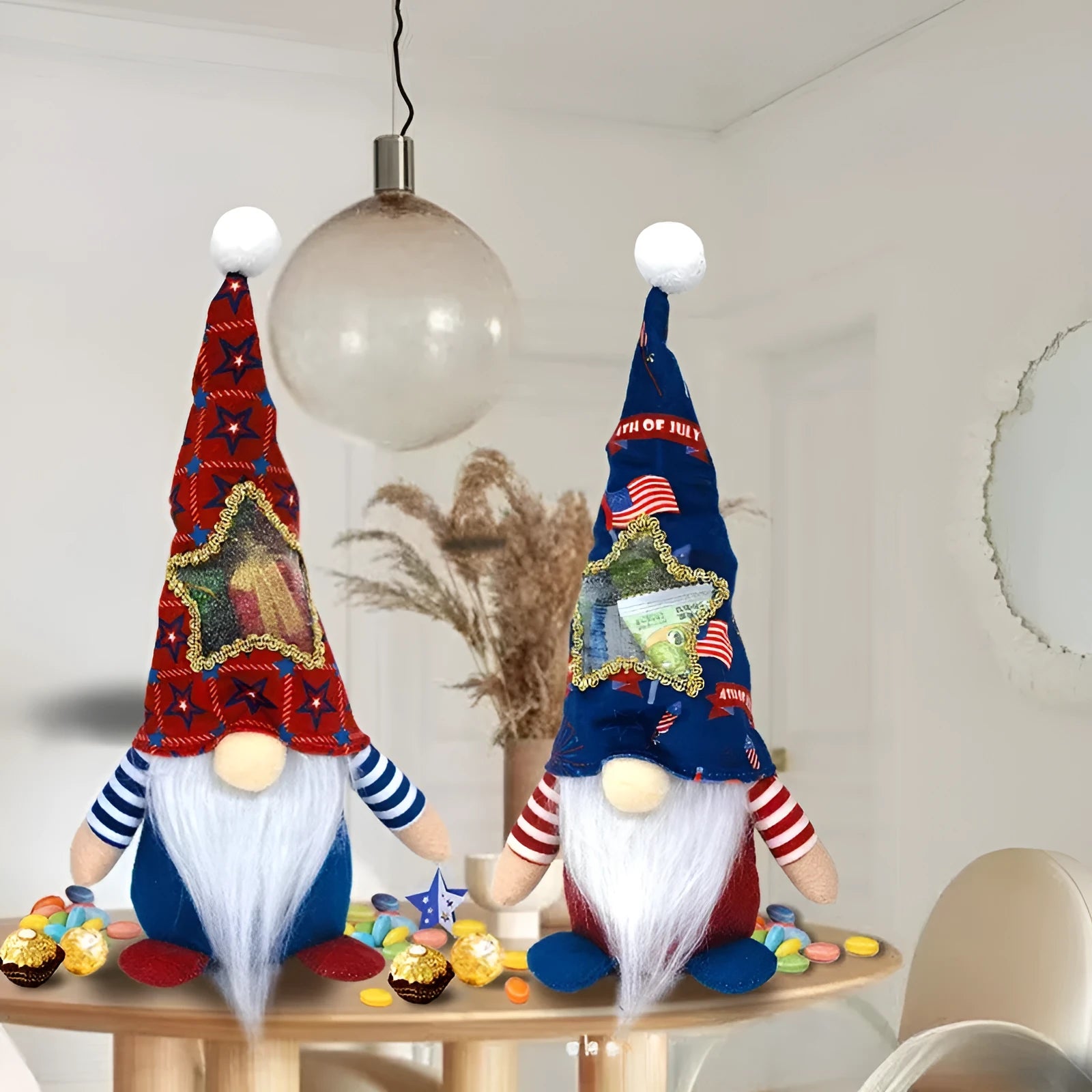 Two matching faceless baby doll Rudolf ornaments in suits for Christmas decoration
