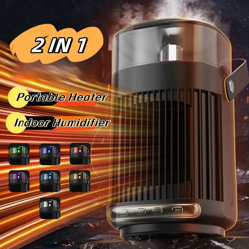 Black portable PTC space heater with built-in humidifier unit on a desk