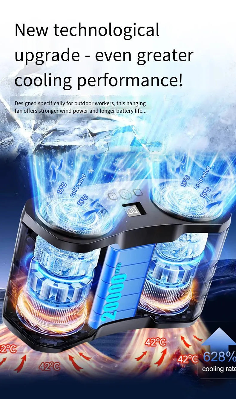 Grey waist-hung portable personal cooling fan shown with a neck lanyard.