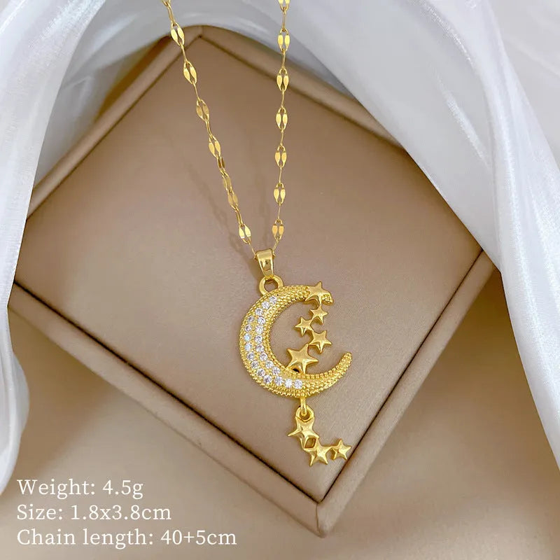 Silver tone necklace with moon-shaped copper pendant on stainless steel chain