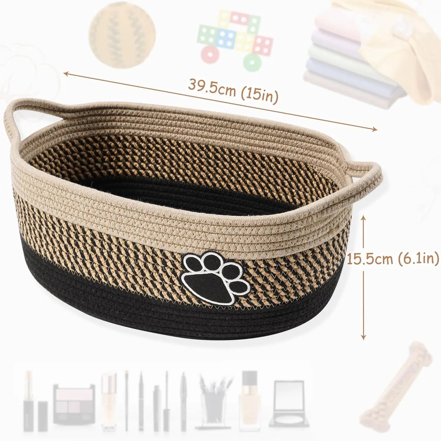 Light beige handmade woven cotton rope storage basket with handle on a wooden surface.