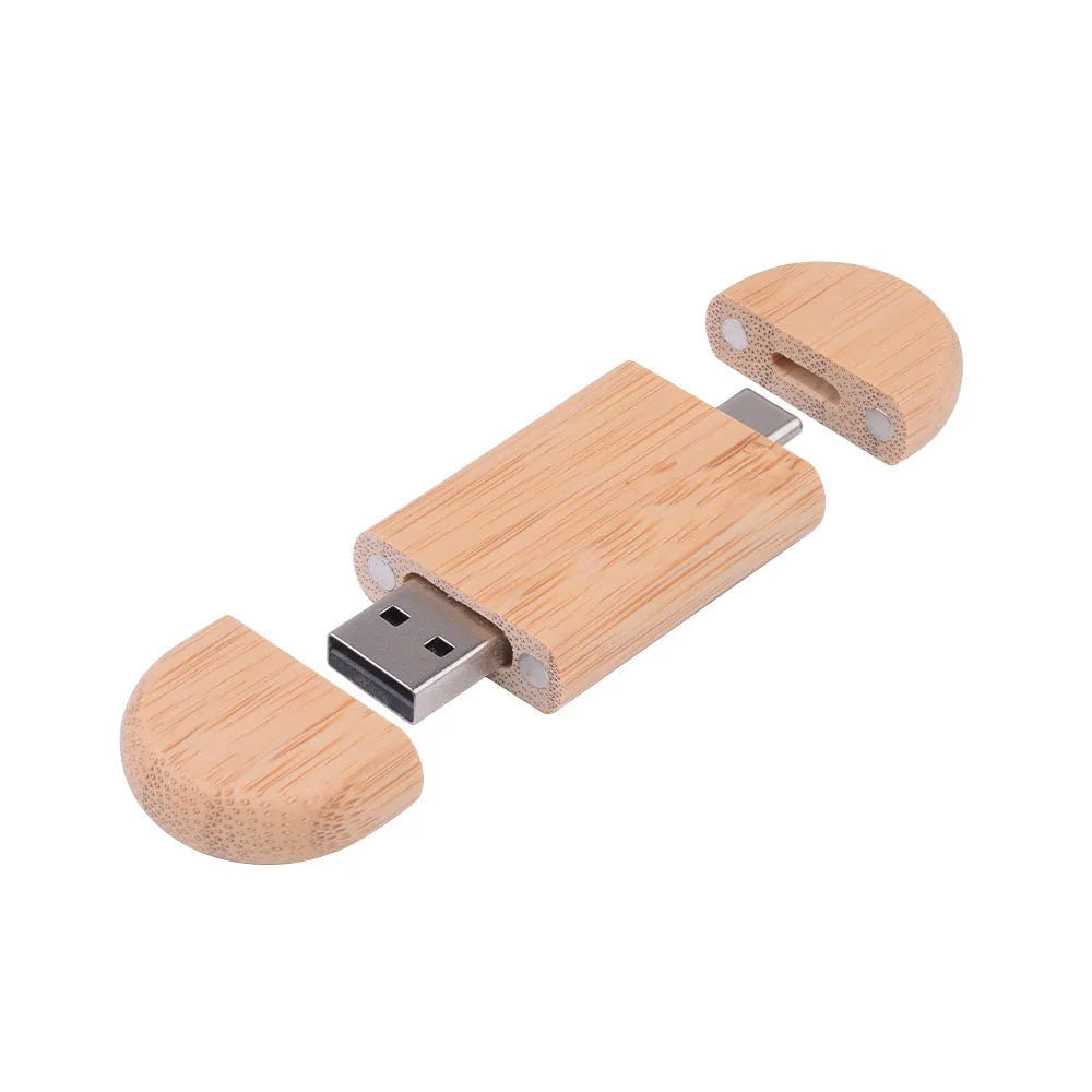 Maple wood carved USB flash drive with Type-C phone connector showing custom engraving