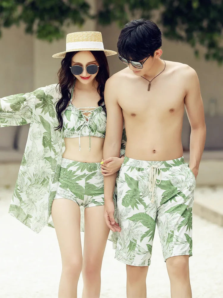 Green flower pattern matching bikini for women and beach pants for men in polyester spandex