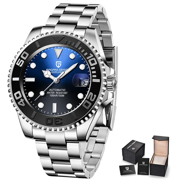 Men's automatic mechanical watch with stainless steel case, 40mm dial, luminous hands, and calendar window on a steel bracelet
